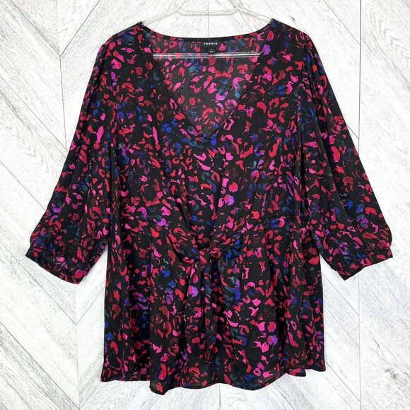 Torrid Blouse Plus Size 1X Peplum Tie Knot Front 3/4 Sleeve V-Neck Pink Multi - Picture 1 of 4